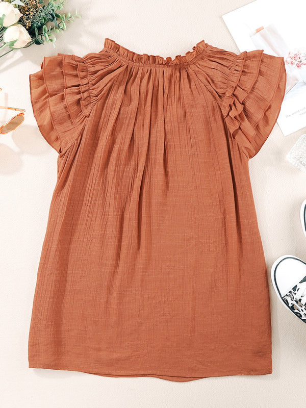 Women's Solid Color Flutter Sleeve V-neck Top With Tie