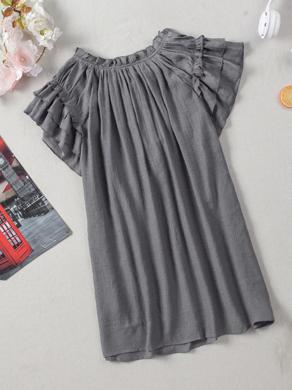 Women's Solid Color Flutter Sleeve V-neck Top With Tie