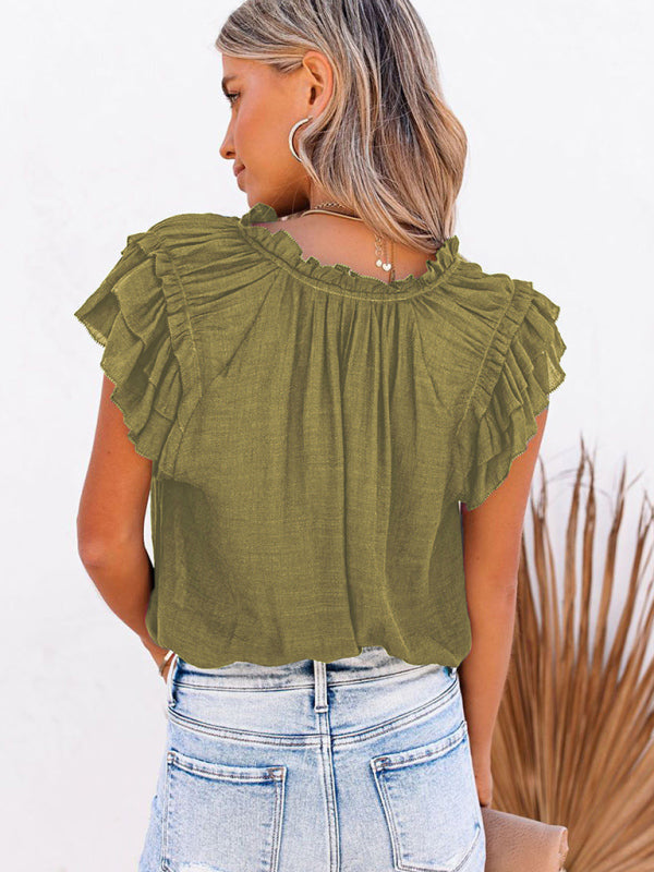 Women's Solid Color Flutter Sleeve V-neck Top With Tie