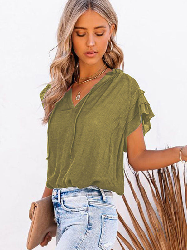 Women's Solid Color Flutter Sleeve V-neck Top With Tie