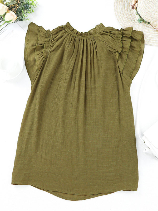 Women's Solid Color Flutter Sleeve V-neck Top With Tie