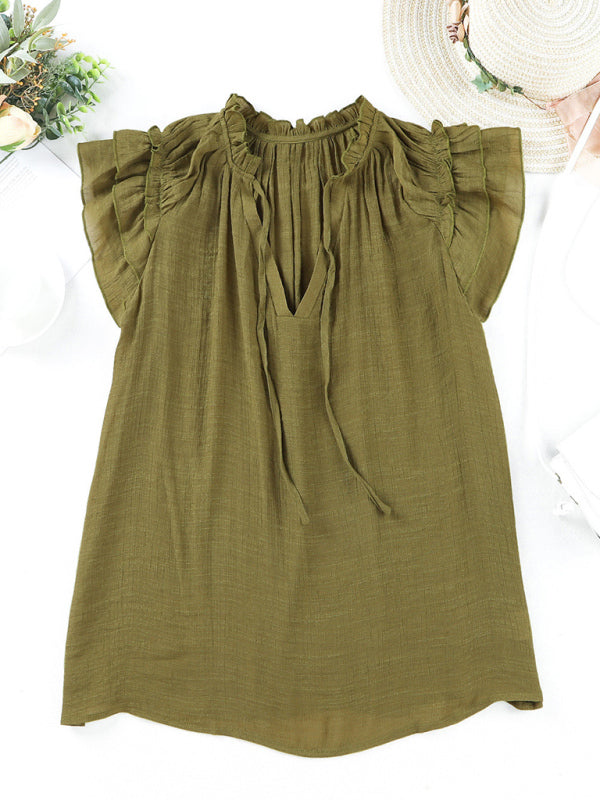 Women's Solid Color Flutter Sleeve V-neck Top With Tie