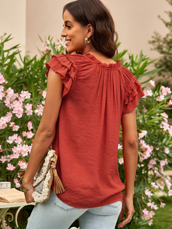 Women's Solid Color Flutter Sleeve V-neck Top With Tie