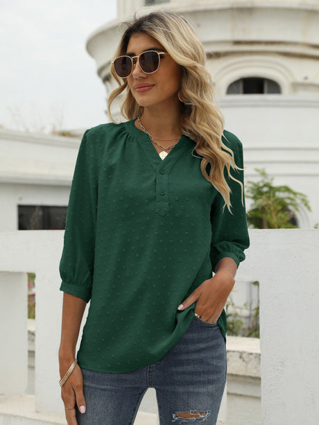Women's Solid Color ¾ Sleeve Button Placket Jacquard Blouse