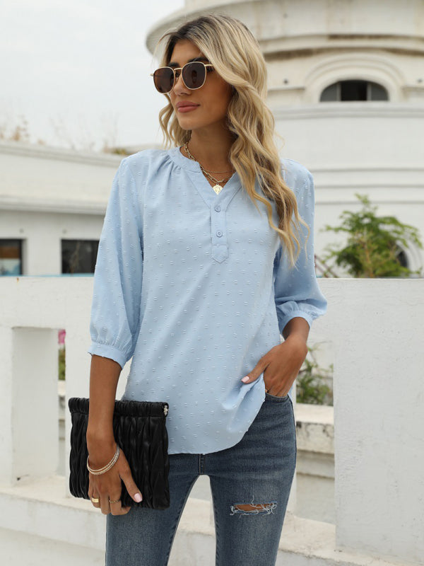 Women's Solid Color ¾ Sleeve Button Placket Jacquard Blouse