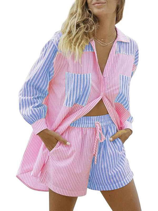Women's Button Front Long Sleeve Striped Shirt Matching Drawstring Shorts
