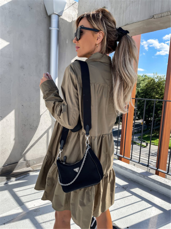 Women's Solid Color Pointed Collar Long Sleeve Button-front Tiered Mini Dress