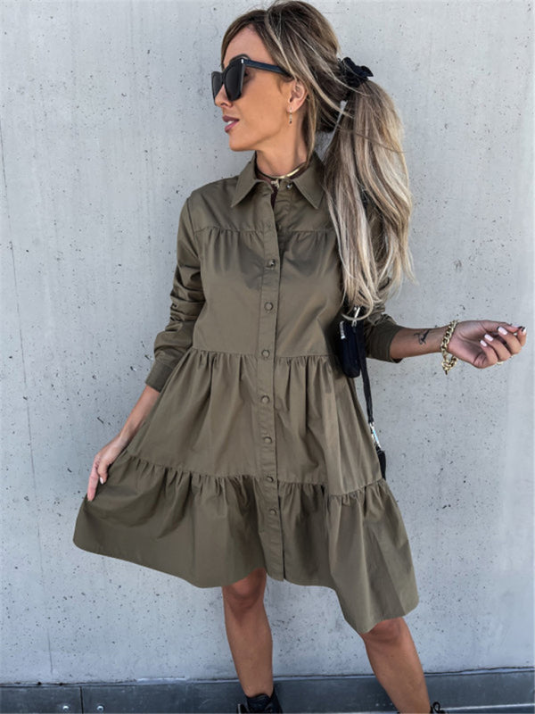 Women's Solid Color Pointed Collar Long Sleeve Button-front Tiered Mini Dress