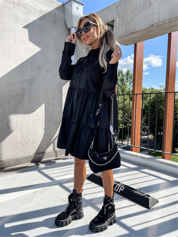 Women's Solid Color Pointed Collar Long Sleeve Button-front Tiered Mini Dress