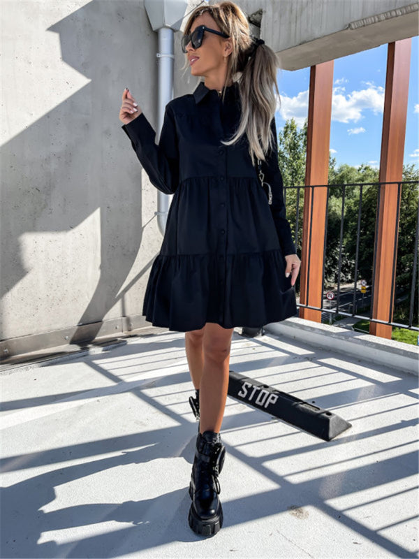 Women's Solid Color Pointed Collar Long Sleeve Button-front Tiered Mini Dress