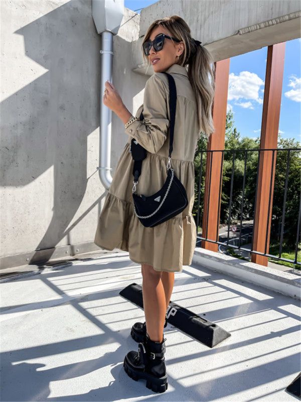 Women's Solid Color Pointed Collar Long Sleeve Button-front Tiered Mini Dress