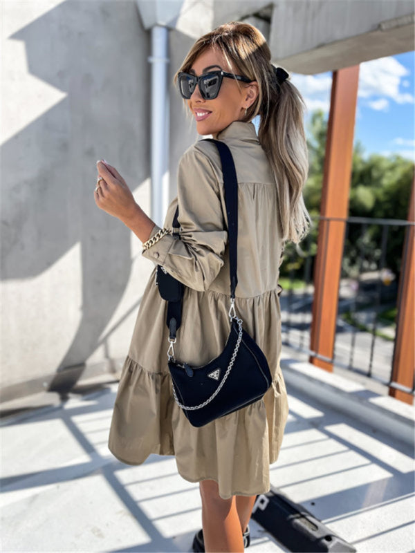 Women's Solid Color Pointed Collar Long Sleeve Button-front Tiered Mini Dress