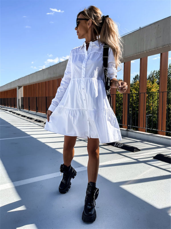 Women's Solid Color Pointed Collar Long Sleeve Button-front Tiered Mini Dress