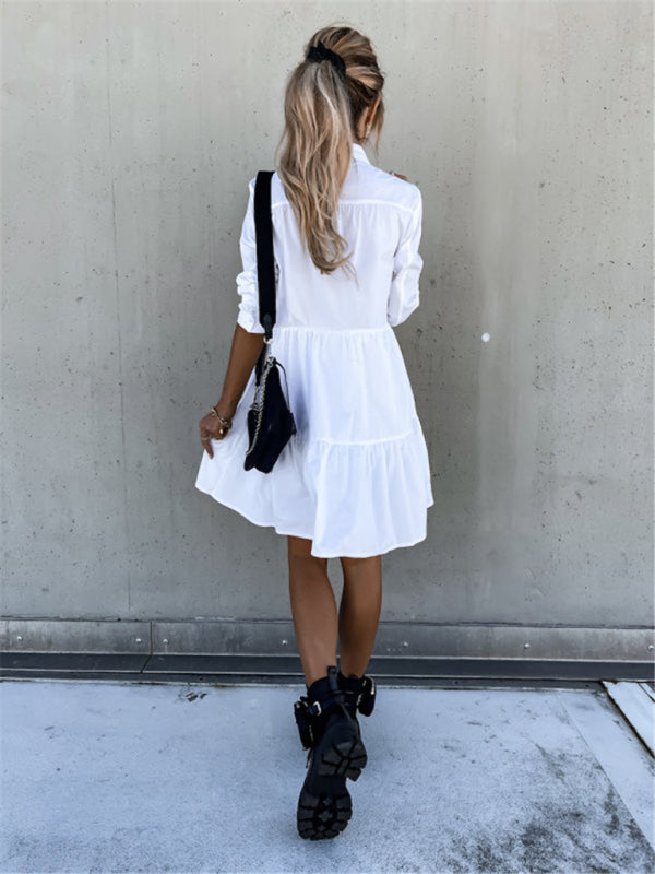 Women's Solid Color Pointed Collar Long Sleeve Button-front Tiered Mini Dress
