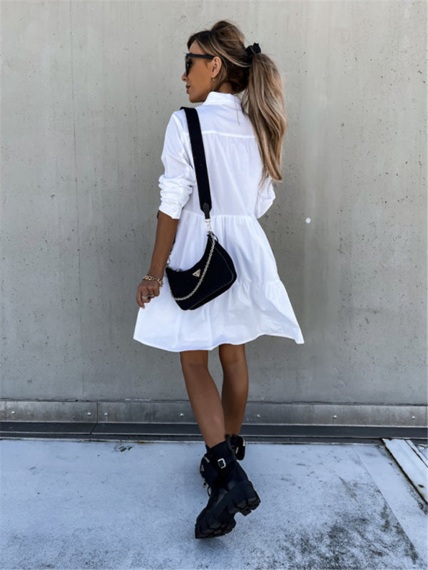 Women's Solid Color Pointed Collar Long Sleeve Button-front Tiered Mini Dress