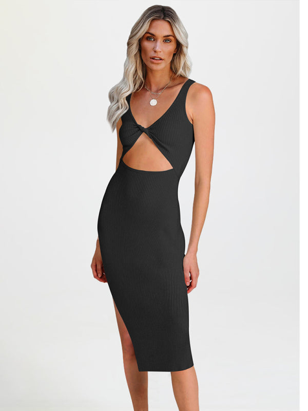 Women's Solid Color Cutout Twist Front Cocktail Slit Dress
