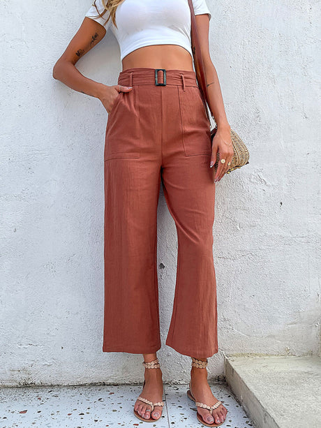 Women's Solid Color Belted Crop Wide-leg Pants