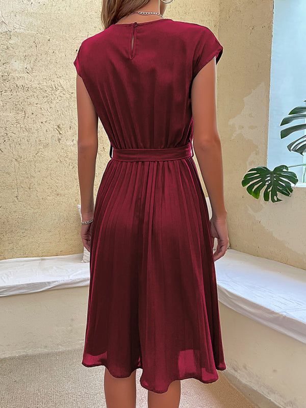 Women's Solid Color Short Sleeve Pleated Midi Dress
