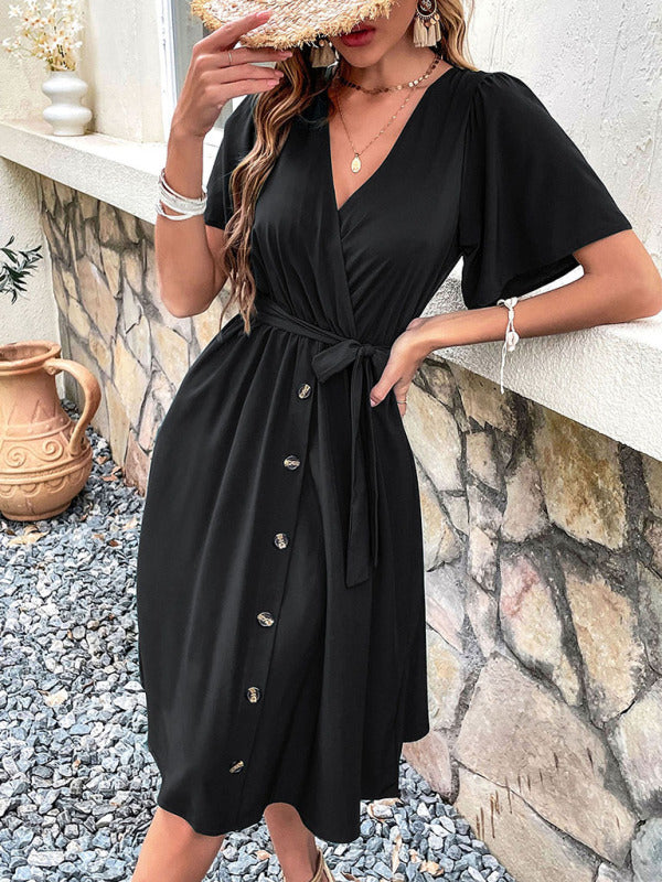 Women's Solid Color Surplice Faux Wrap Button-down Midi Dress