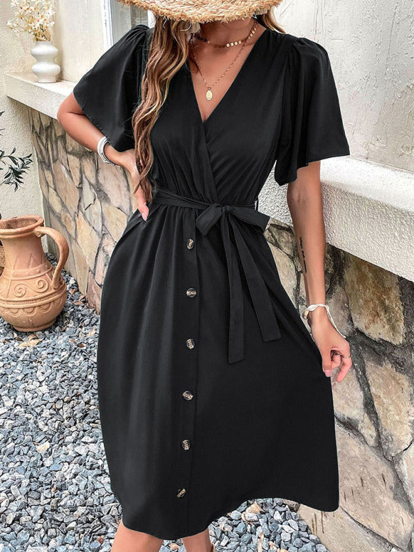 Women's Solid Color Surplice Faux Wrap Button-down Midi Dress