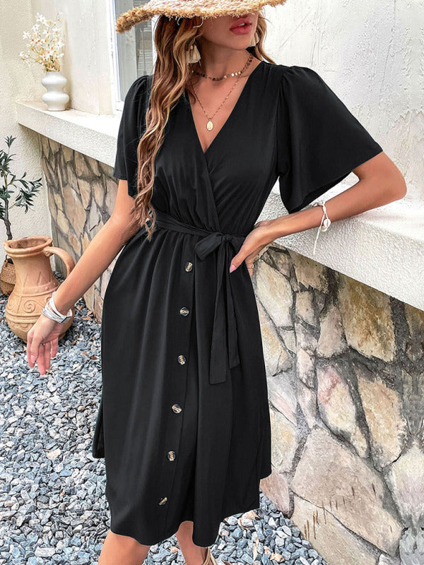 Women's Solid Color Surplice Faux Wrap Button-down Midi Dress