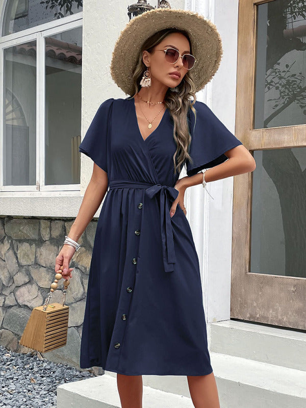 Women's Solid Color Surplice Faux Wrap Button-down Midi Dress