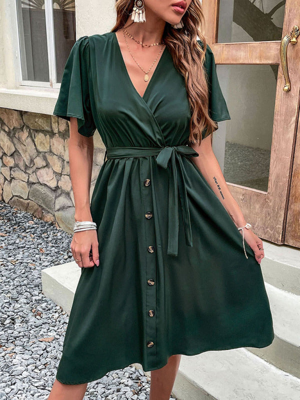Women's Solid Color Surplice Faux Wrap Button-down Midi Dress