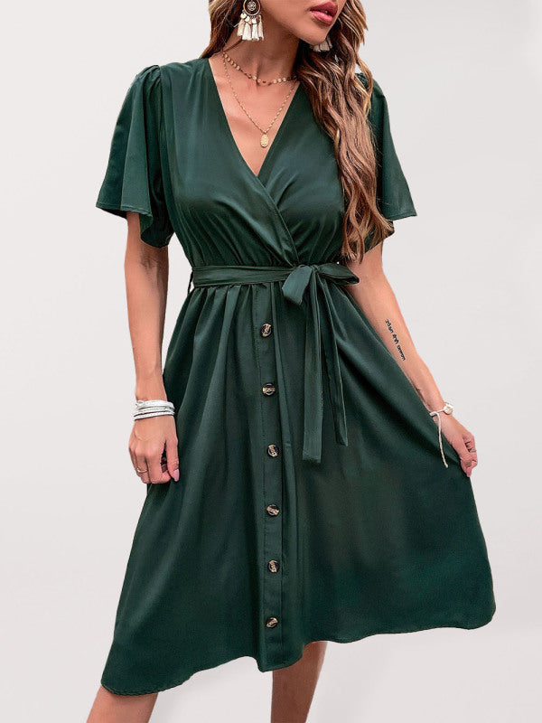 Women's Solid Color Surplice Faux Wrap Button-down Midi Dress