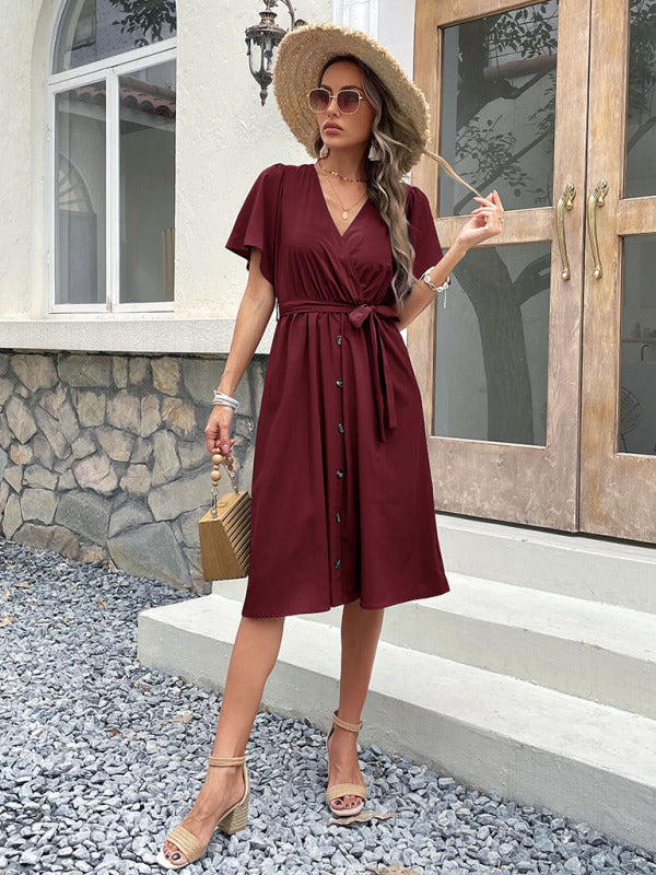 Women's Solid Color Surplice Faux Wrap Button-down Midi Dress