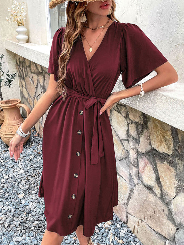 Women's Solid Color Surplice Faux Wrap Button-down Midi Dress