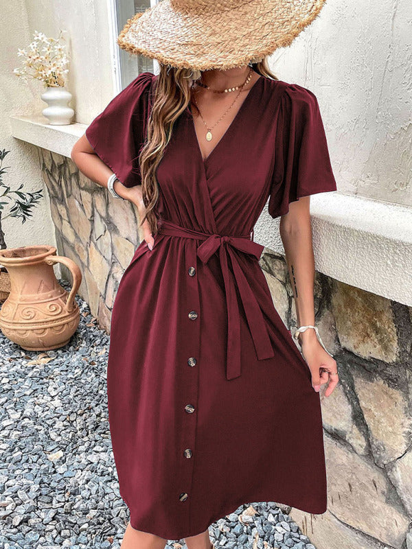 Women's Solid Color Surplice Faux Wrap Button-down Midi Dress