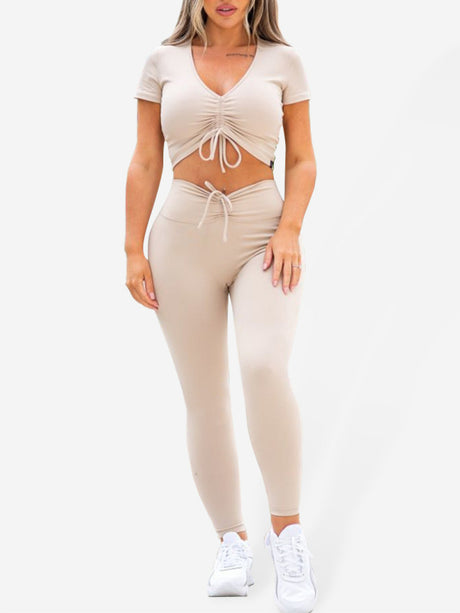 Women's Solid Color Ruched Crop Top And Pants Set
