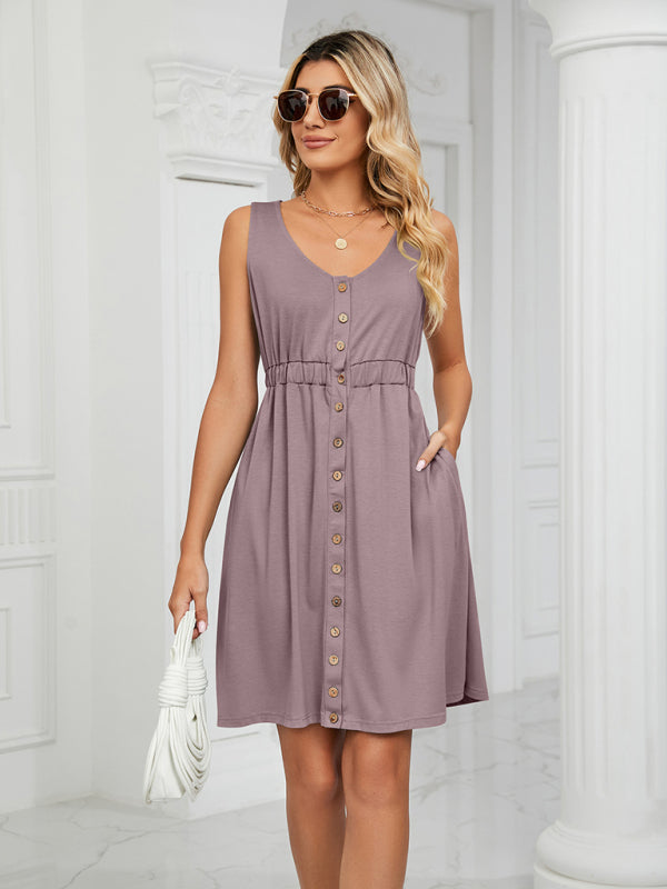 Women's Solid Color Button Front Detail A-line Mini Dress