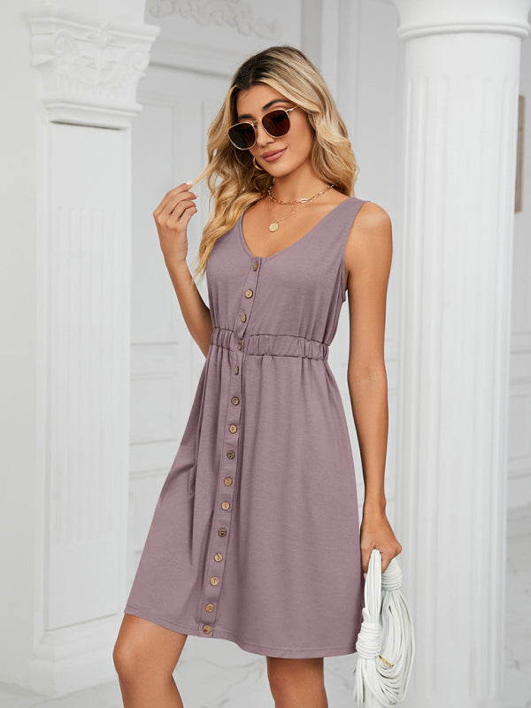 Women's Solid Color Button Front Detail A-line Mini Dress