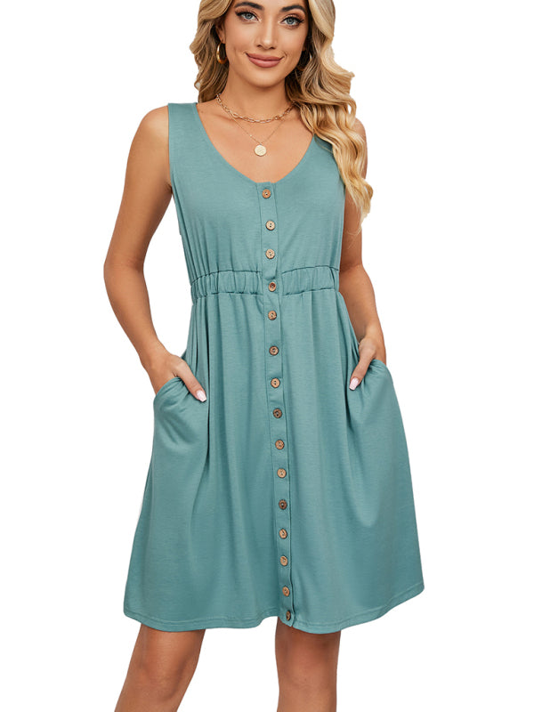 Women's Solid Color Button Front Detail A-line Mini Dress