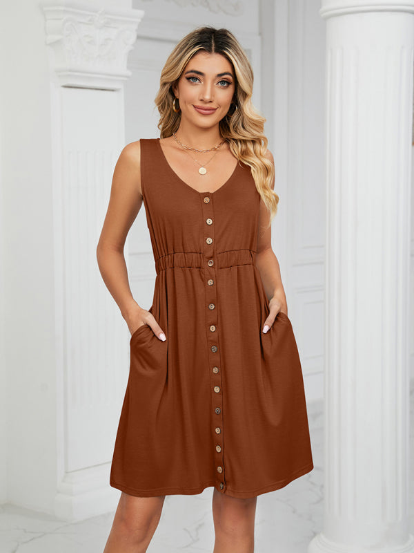 Women's Solid Color Button Front Detail A-line Mini Dress