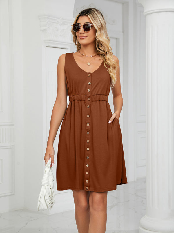 Women's Solid Color Button Front Detail A-line Mini Dress