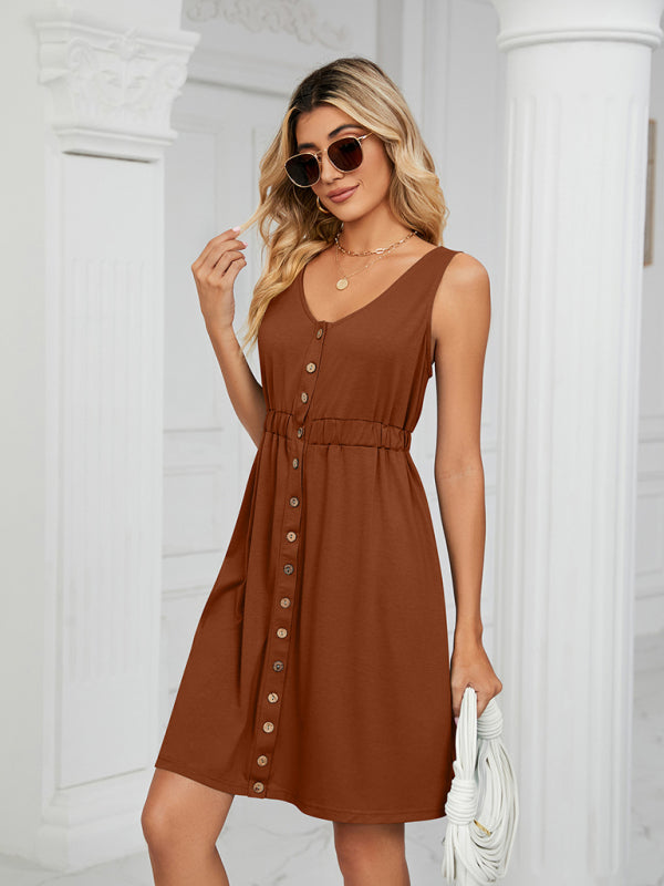 Women's Solid Color Button Front Detail A-line Mini Dress