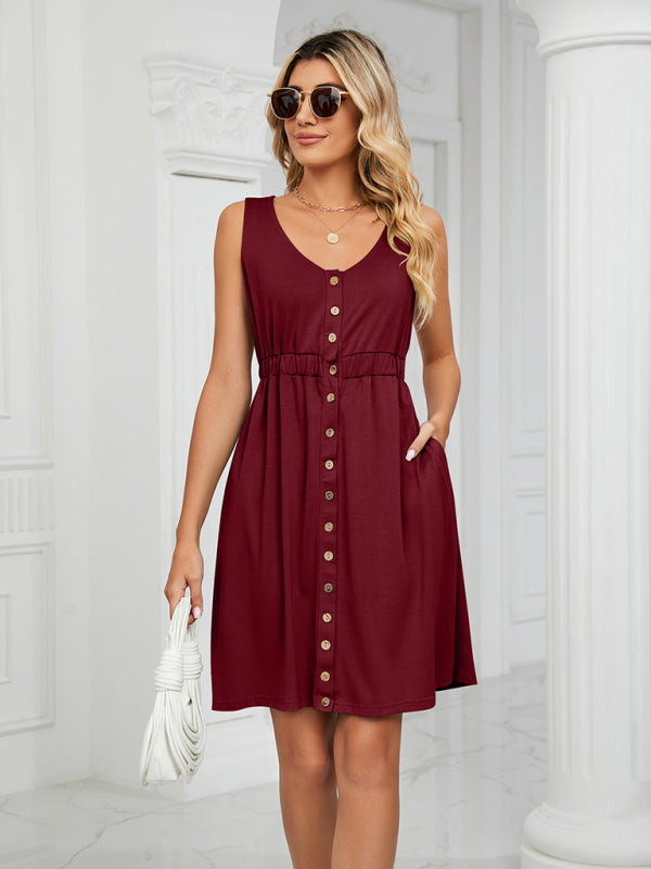 Women's Solid Color Button Front Detail A-line Mini Dress