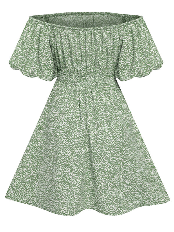 Casual women's European and American one-shoulder print waist dress