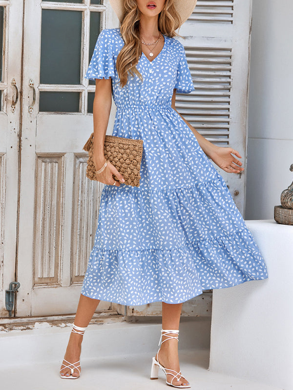 Casual women's spring and summer new V-neck lotus leaf sleeve printed dress for women