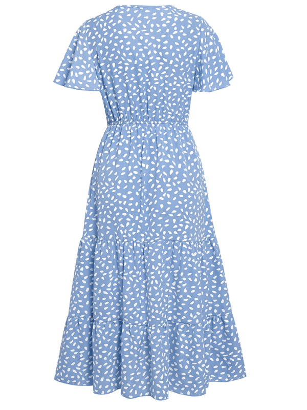 Casual women's spring and summer new V-neck lotus leaf sleeve printed dress for women