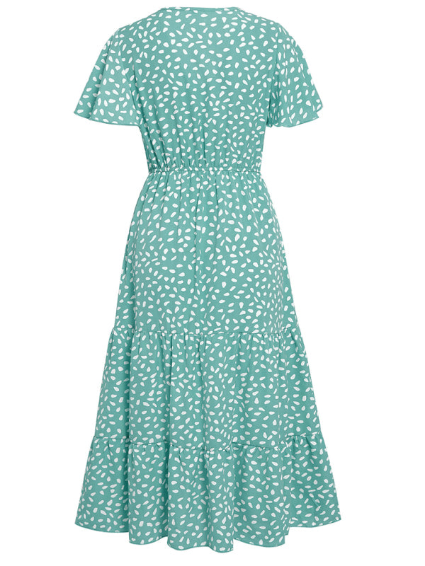 Casual women's spring and summer new V-neck lotus leaf sleeve printed dress for women