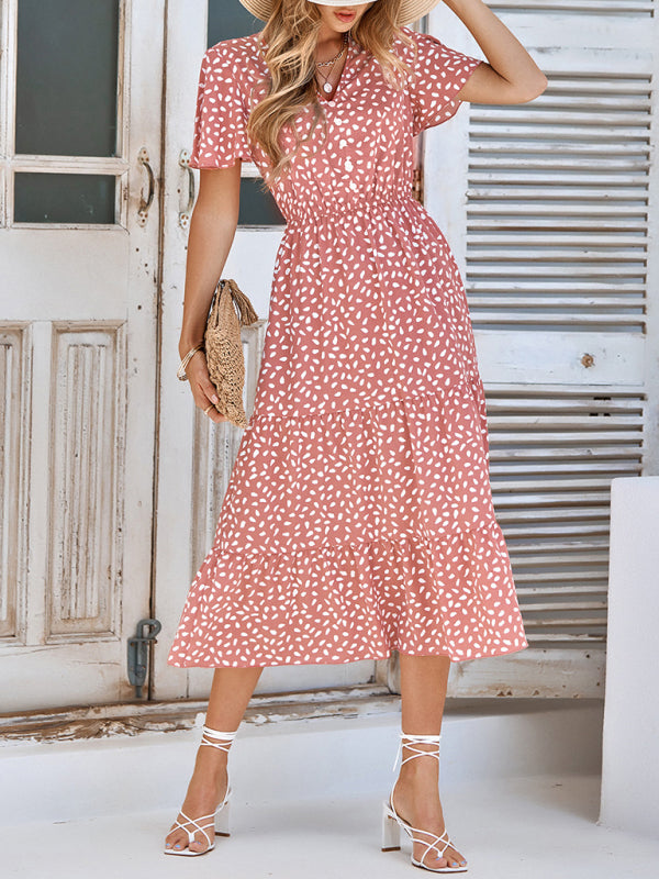 Casual women's spring and summer new V-neck lotus leaf sleeve printed dress for women