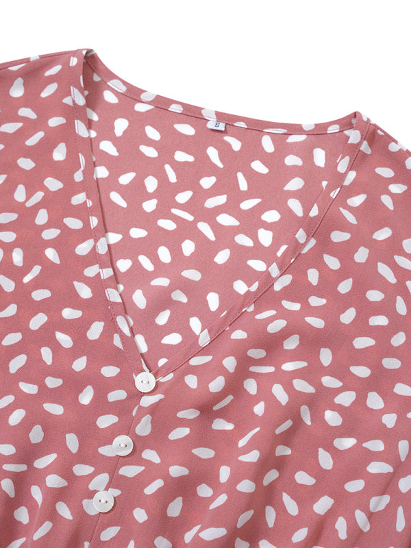 Casual women's spring and summer new V-neck lotus leaf sleeve printed dress for women