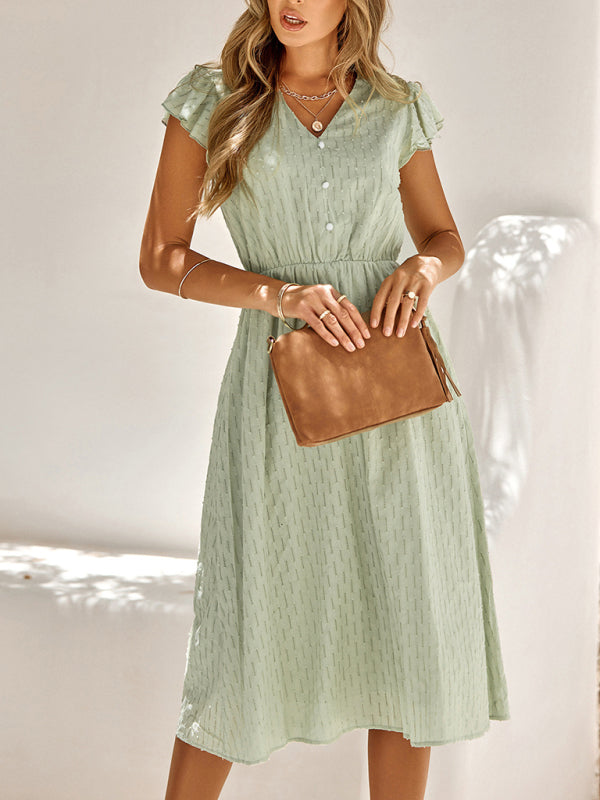 Women's Solid Color embroidered Flutter Sleeve Midi Dress