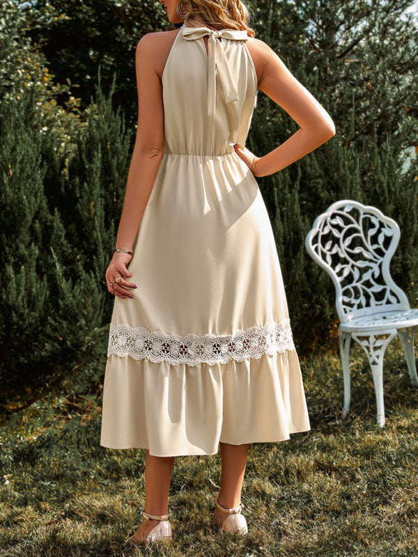 Women's Solid Color Halter Neck Lace Trim Midi Dress