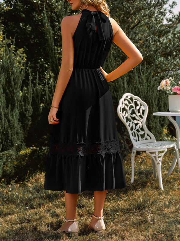 Women's Solid Color Halter Neck Lace Trim Midi Dress