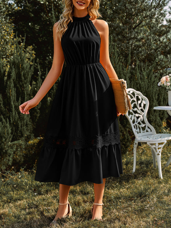 Women's Solid Color Halter Neck Lace Trim Midi Dress