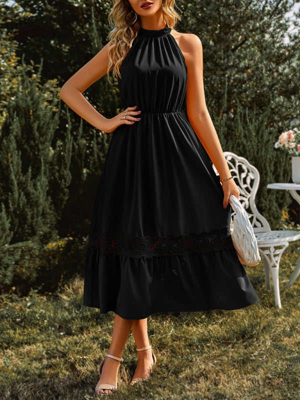 Women's Solid Color Halter Neck Lace Trim Midi Dress